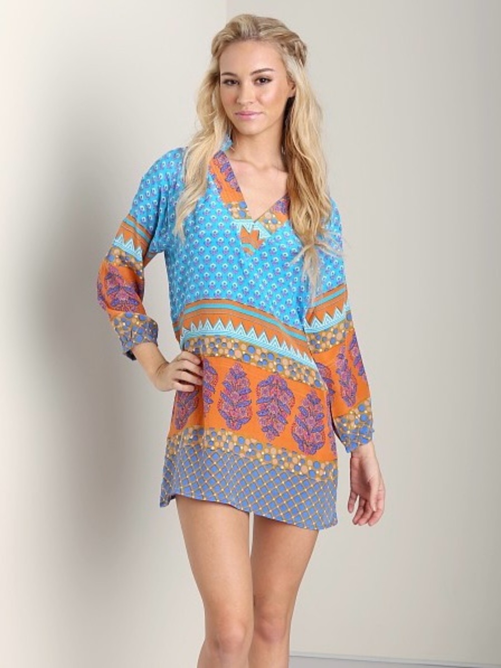Tolani Top Chandra Tunic 100% Silk V-neck 3/4 Sleeve Turquoise Orange Sz S